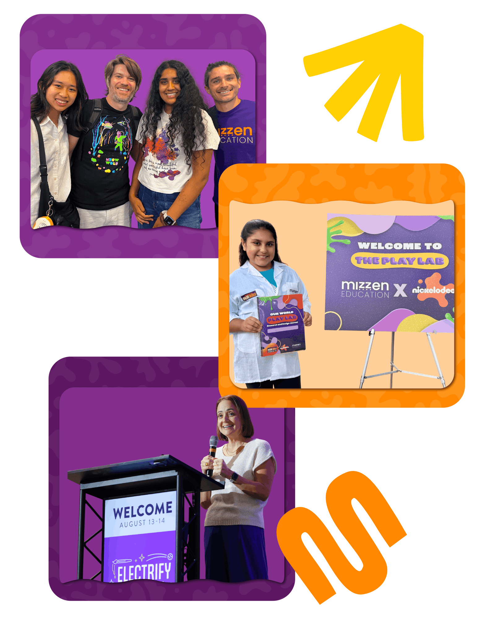 Three images of Team Mizzen engaging in activities from the Build4Good internship program Hackathon, the Nickelodeon Play Lab, and the Riley SCALE PowerUp! Convening for South Carolina’s Afterschool Leaders.