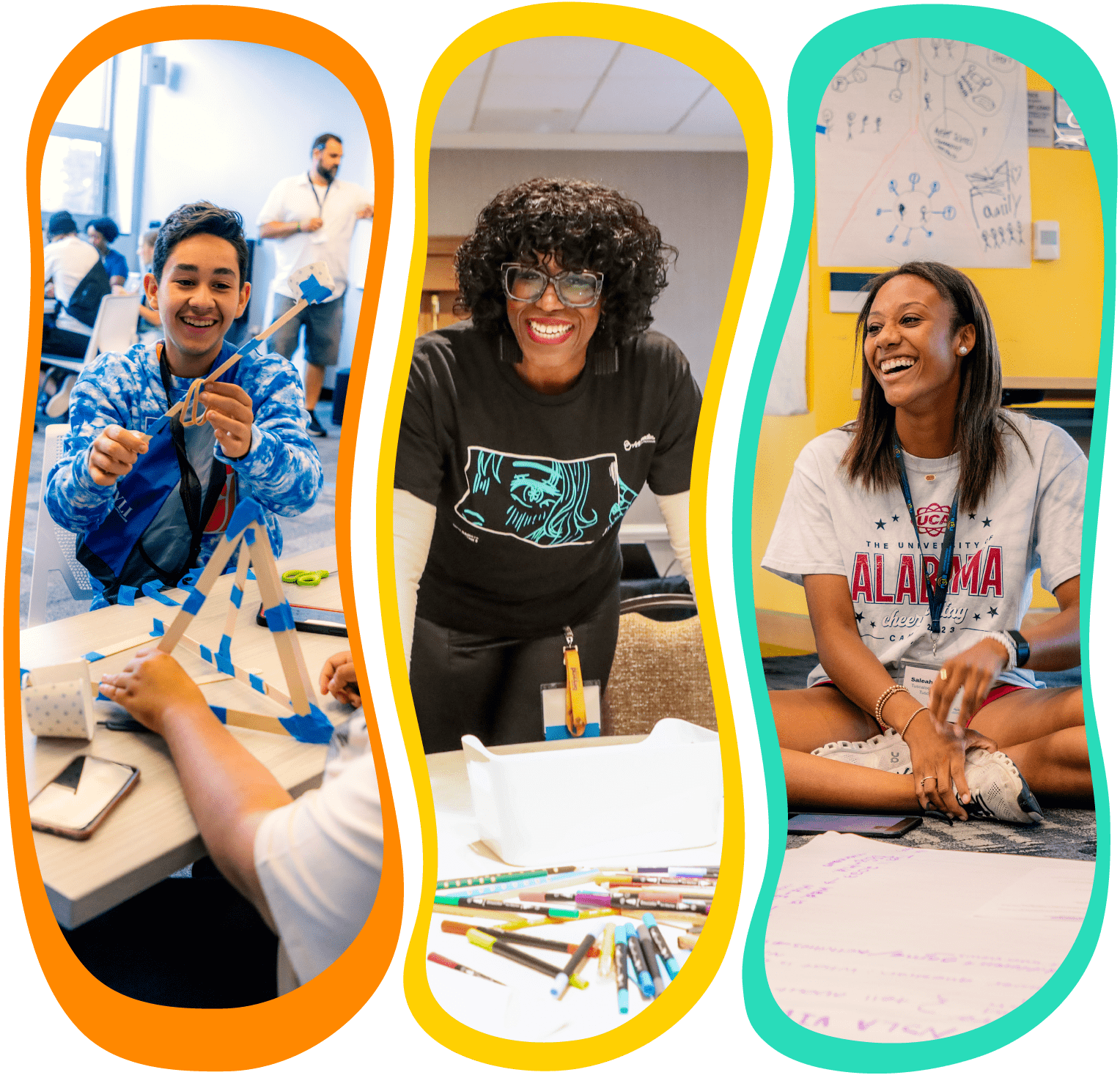 A student smiles as he builds a handmade catapult. Dionne Thornton, Director of Teen Programs & Community Engagements at ArtsConnection, stands behind a table covered with art supplies. A youth participant takes part in a planning session, sitting cross-legged in front of an easel pad.