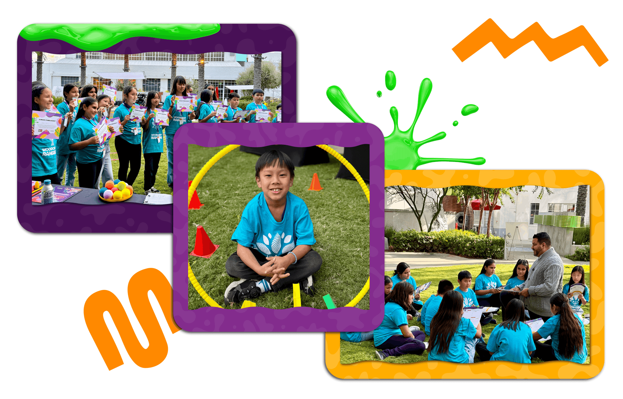 Three images of staff and youth from the Woodcraft Rangers afterschool program participating in activities and outdoor play from The Play Lab Experience by Mizzen Education and Nickelodeon.