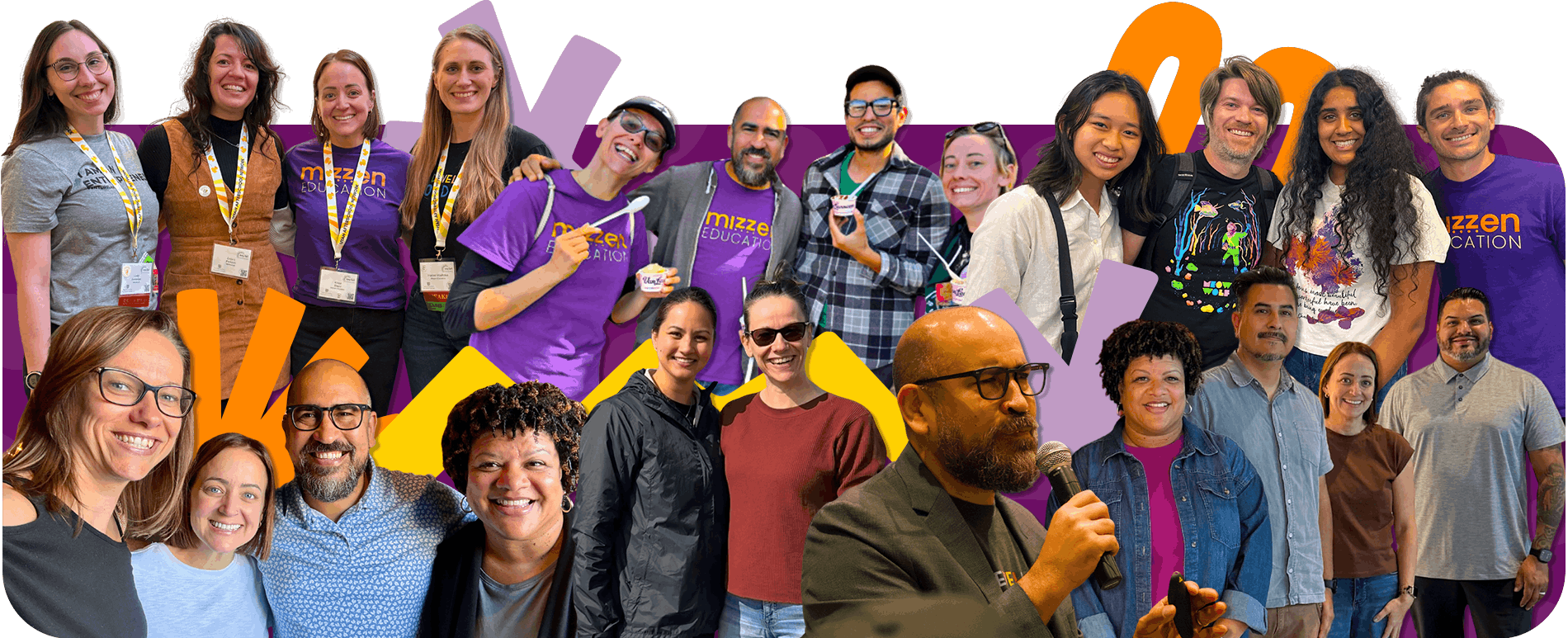 Collage of Team Mizzen, including new staff and interns, smiling together at various conferences and in-person convenings.