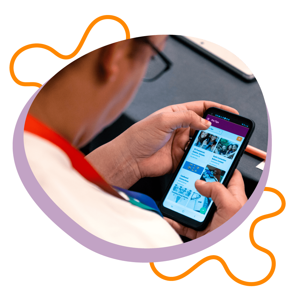 An out-of-school time educator scrolls through the Mizzen Education mobile app on their phone.